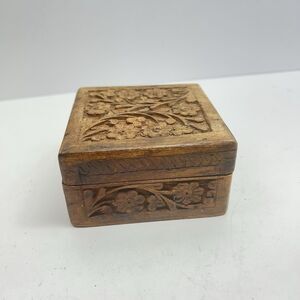 Vintage Hand Carved Wooden Trinket Jewelry Box w/ Inlay Made in India 4" square